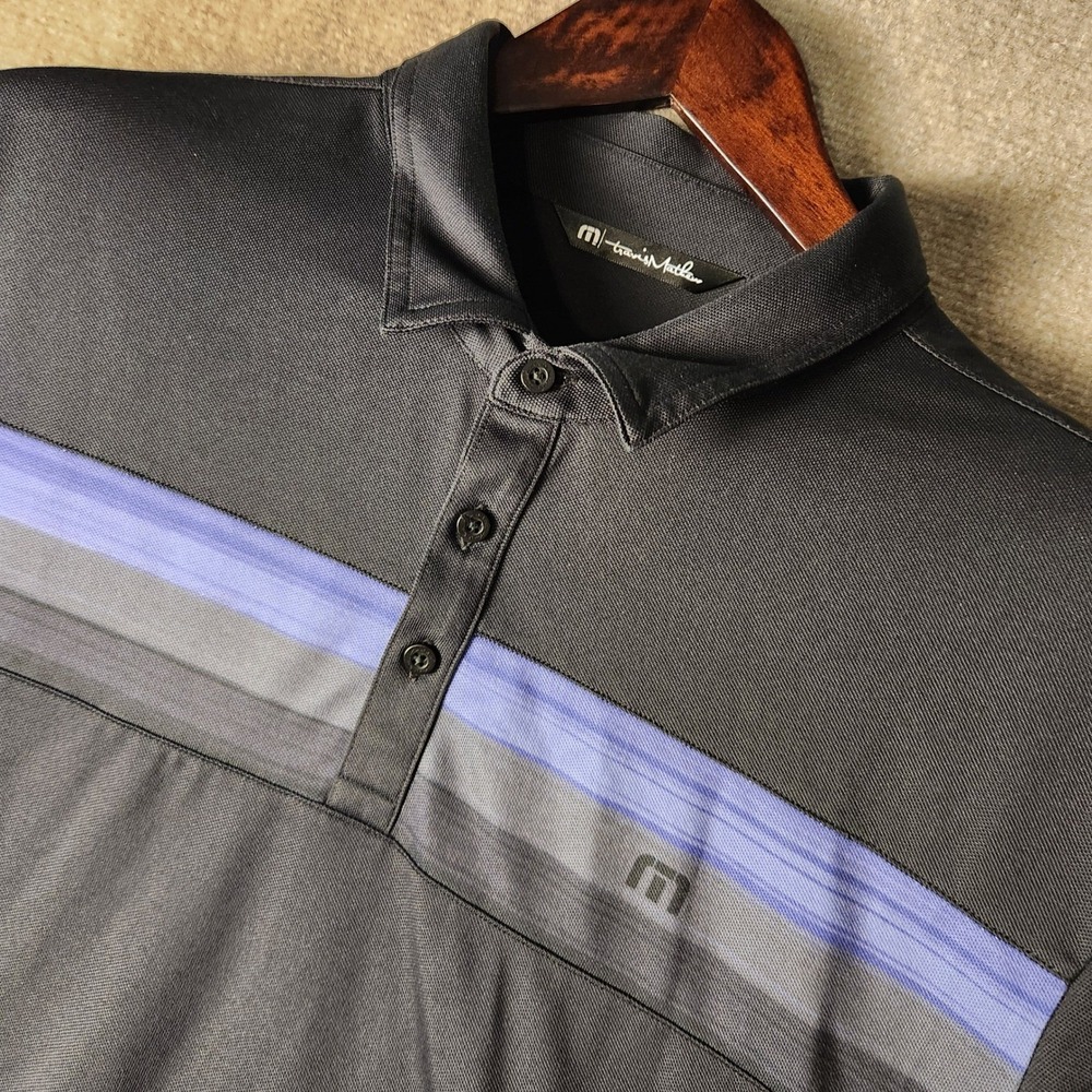 Travis Mathew Polo Shirt Mens XXL Black Purple Striped Performance Golf Tee